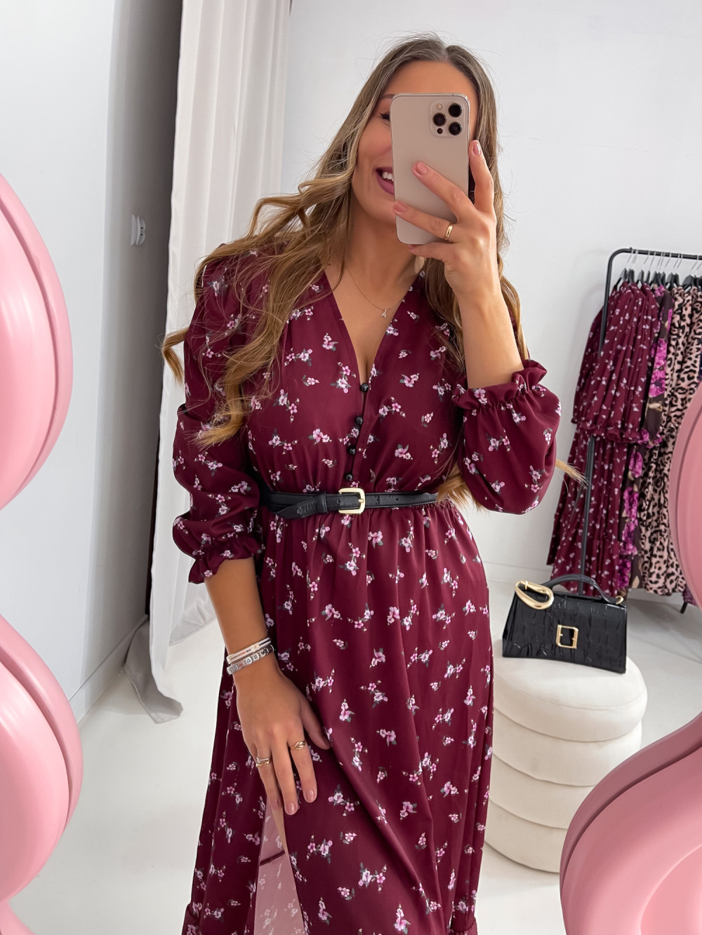 NARIA MIDI DŁUGI RĘKAW BORDOWA W KWIATUSZKI