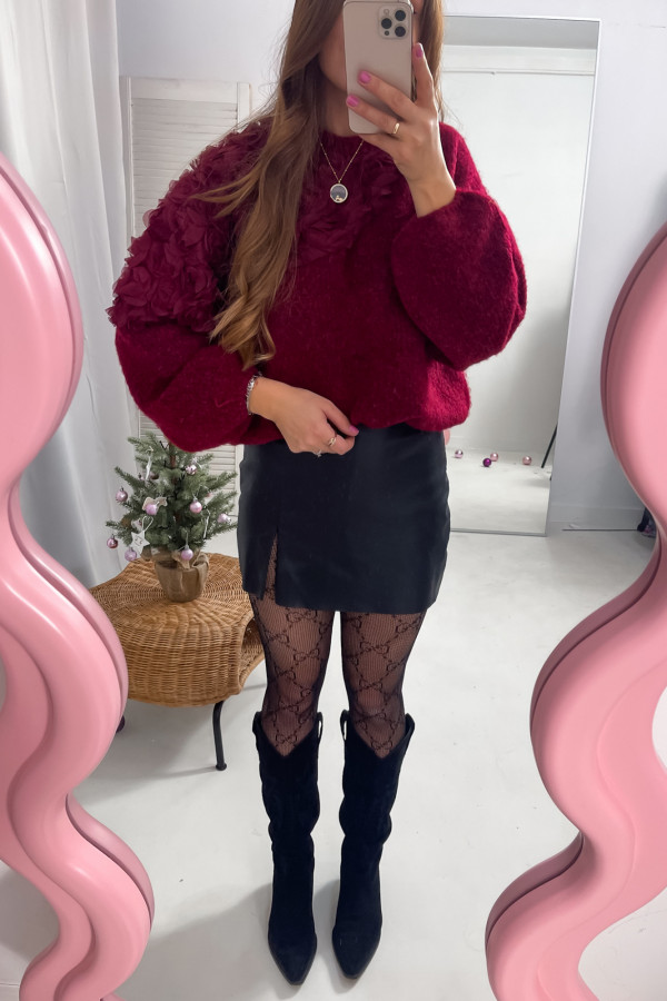 SWETER MICA KWIATY BURGUNDOWY